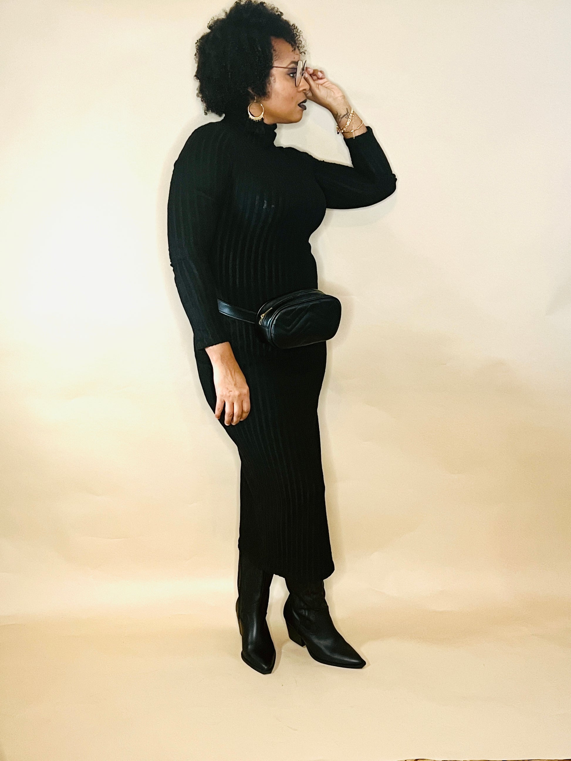 Black turtle neck dress with split