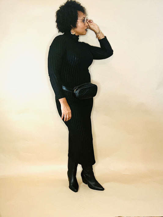 Black turtle neck dress with split