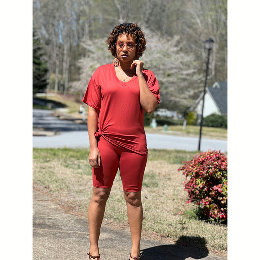 Brushed Short Sleeve Biker Set in Rust fashion for women over 40