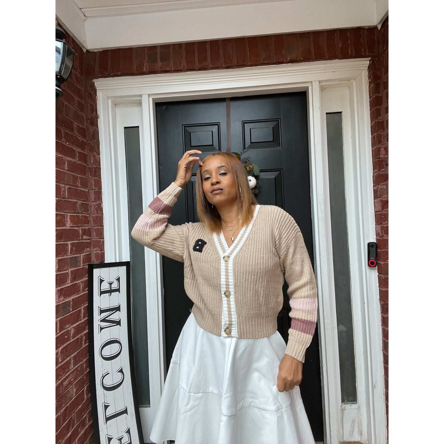 Button Down Cardigan with Letter B in Cream Contrast women over 40 fashion