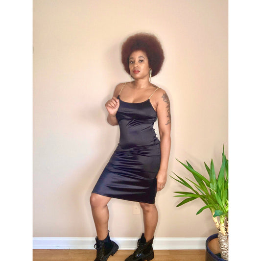 Chain strapped slip dress in black