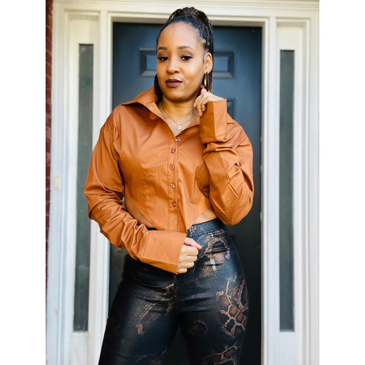 Cropped long sleeve button up shirt in rust