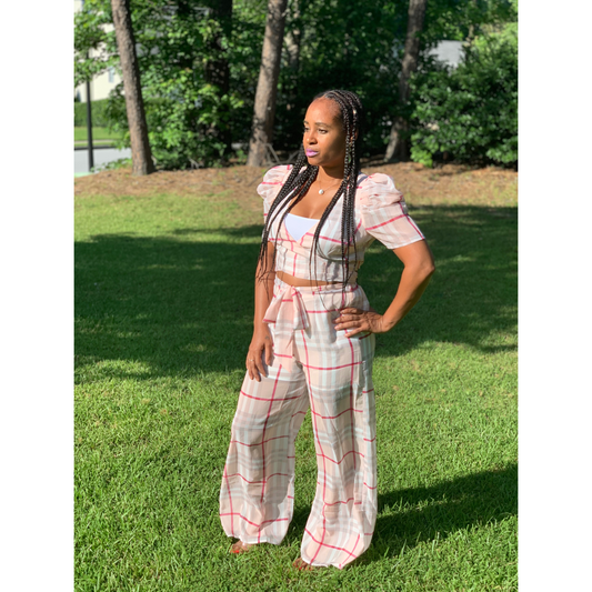 Gingham Puff Sleeve Two Piece Pants Set in Blush and Red