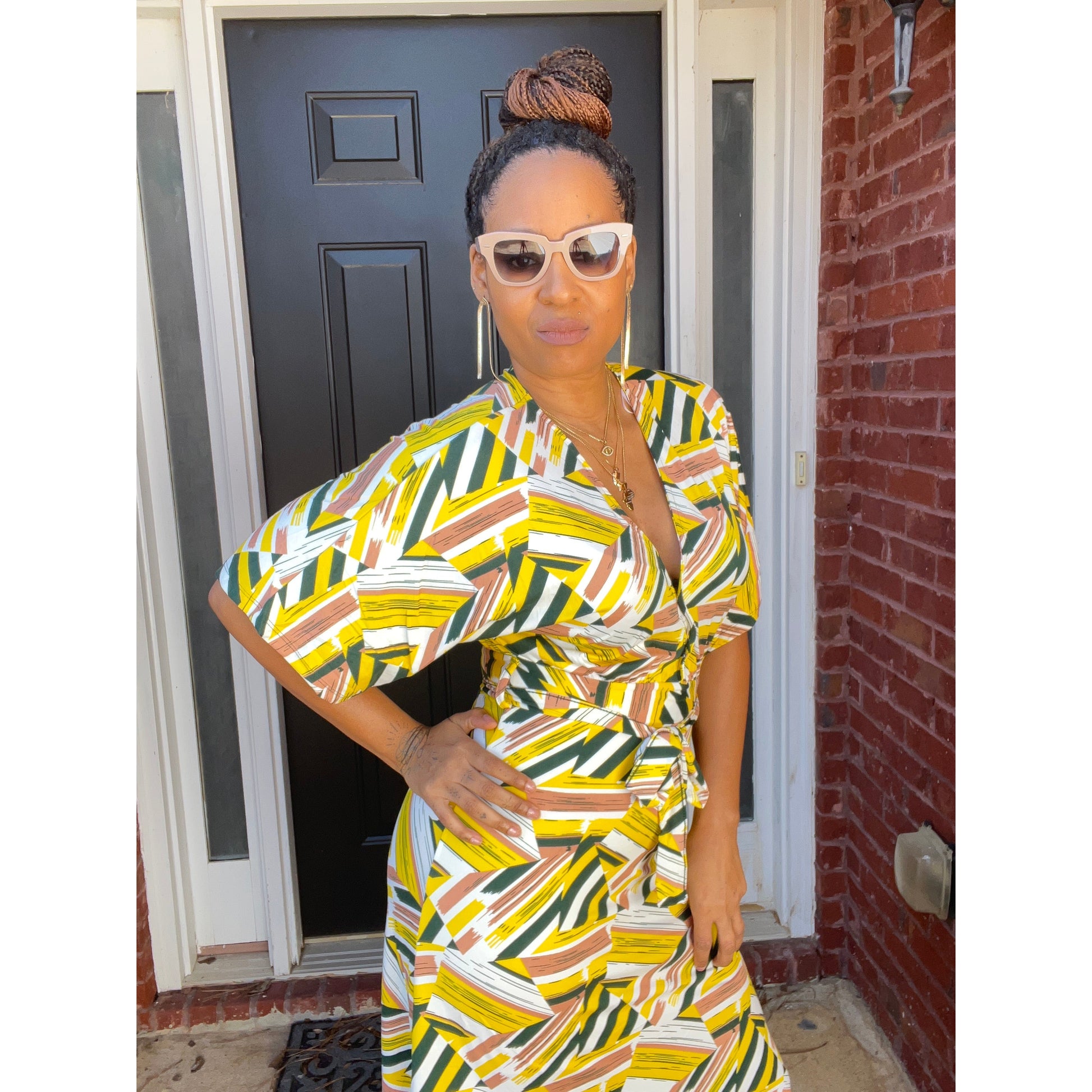Yellow and Green V-neck Tie Front Midi Dress