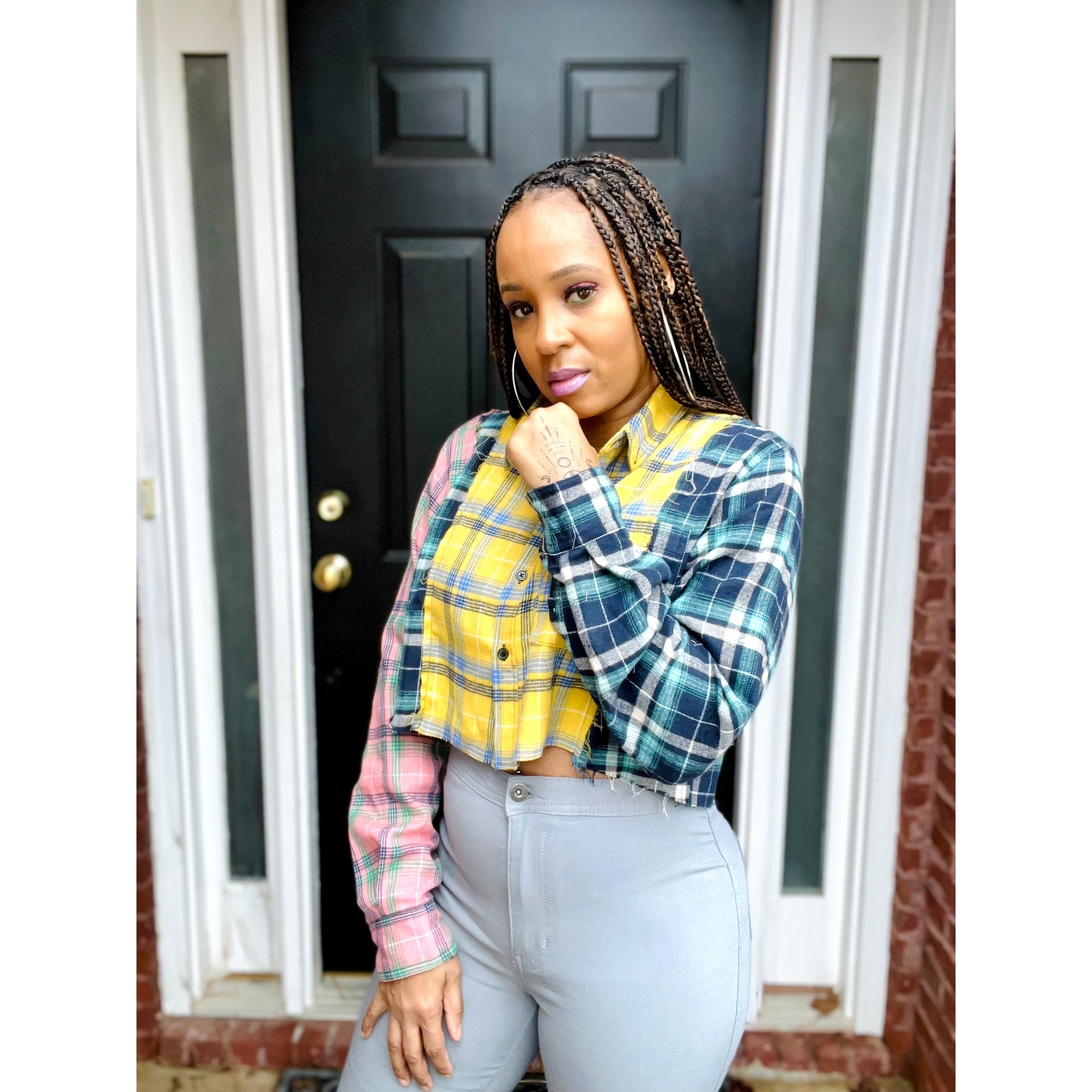 Multi color plaid front button long sleeve crop shirt