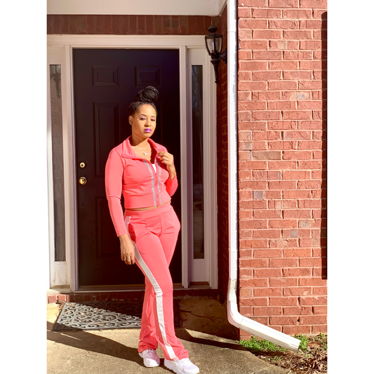 Long sleeve crop jacket and track pants set in pink
