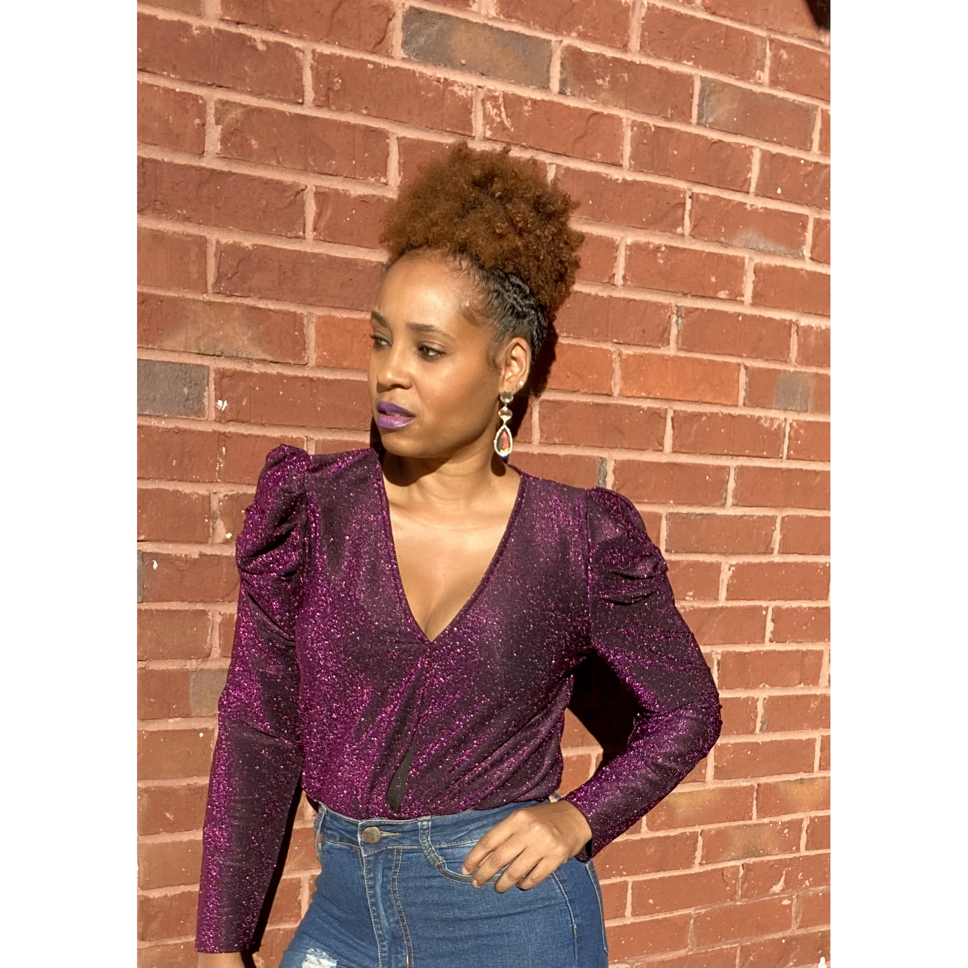 Surplice Long Puff Sleeve Lurex Bodysuit in purple