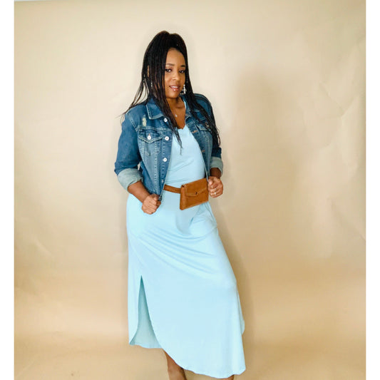 V Neck side slit short sleeve maxi dress in mint