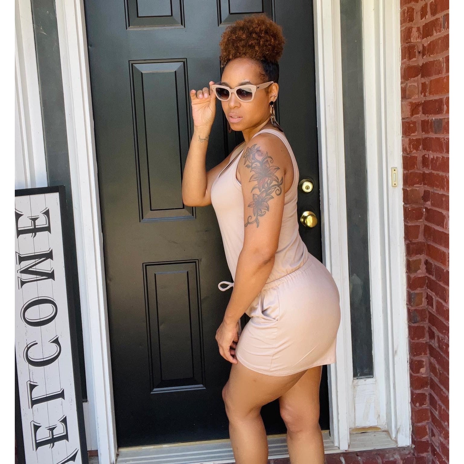 Tank shorts romper in french taupe women over 40 approved