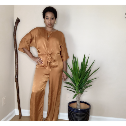 tie front silky short sleeve jumpsuit in carmel