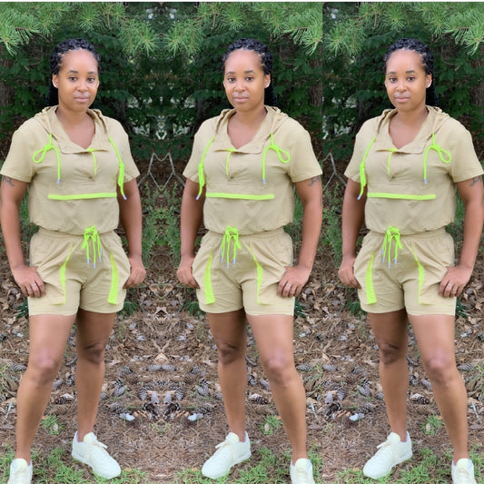 Tan and neon green short sleeve windbreaker set