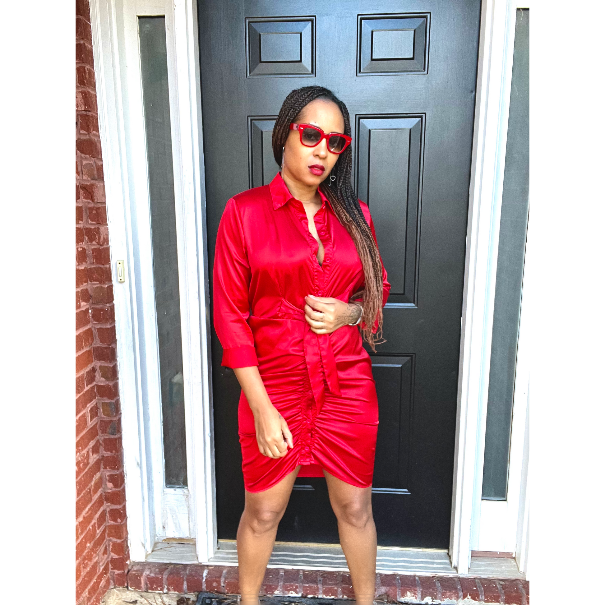 Long sleeve button front  shirt dress in red