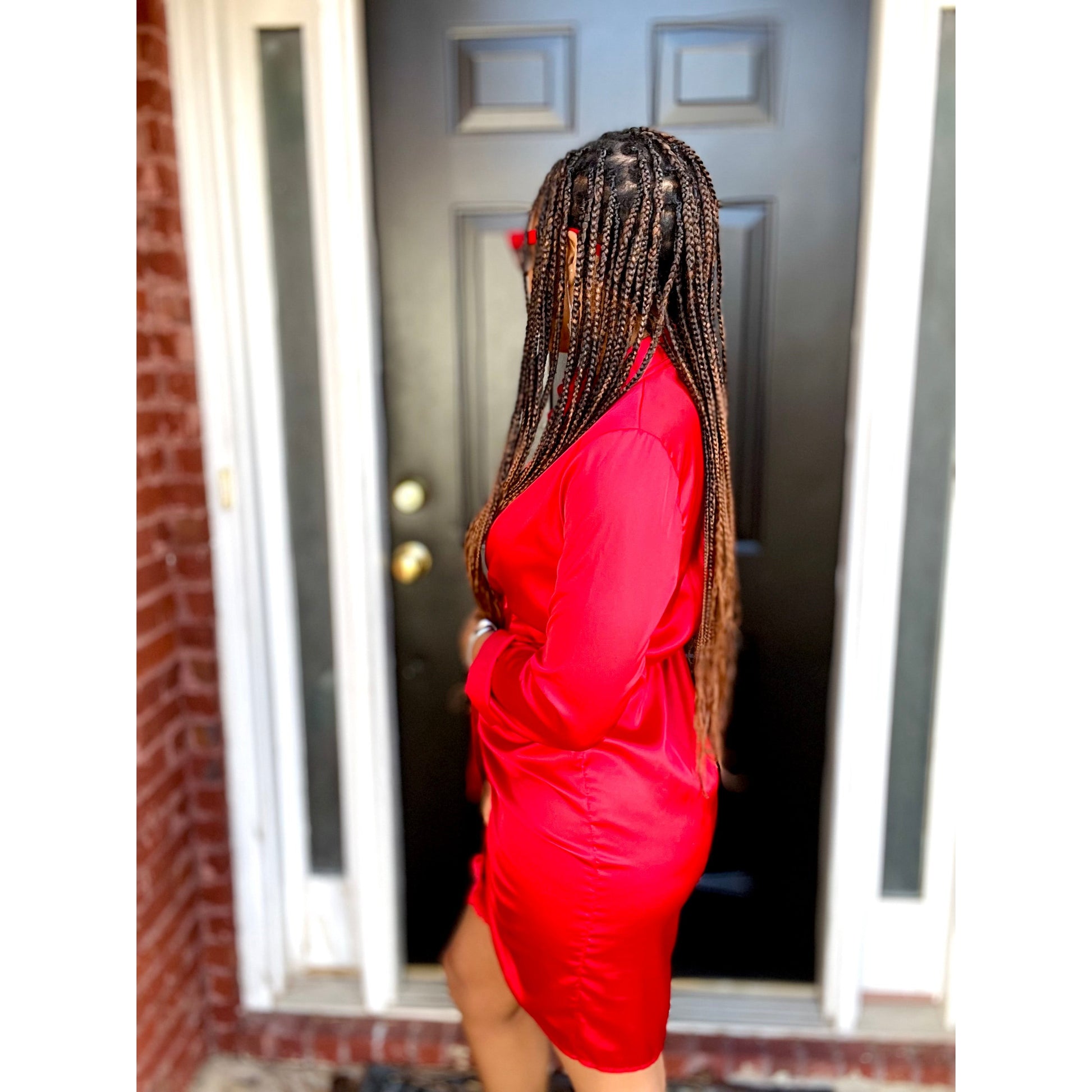 Long sleeve button front  shirt dress in red