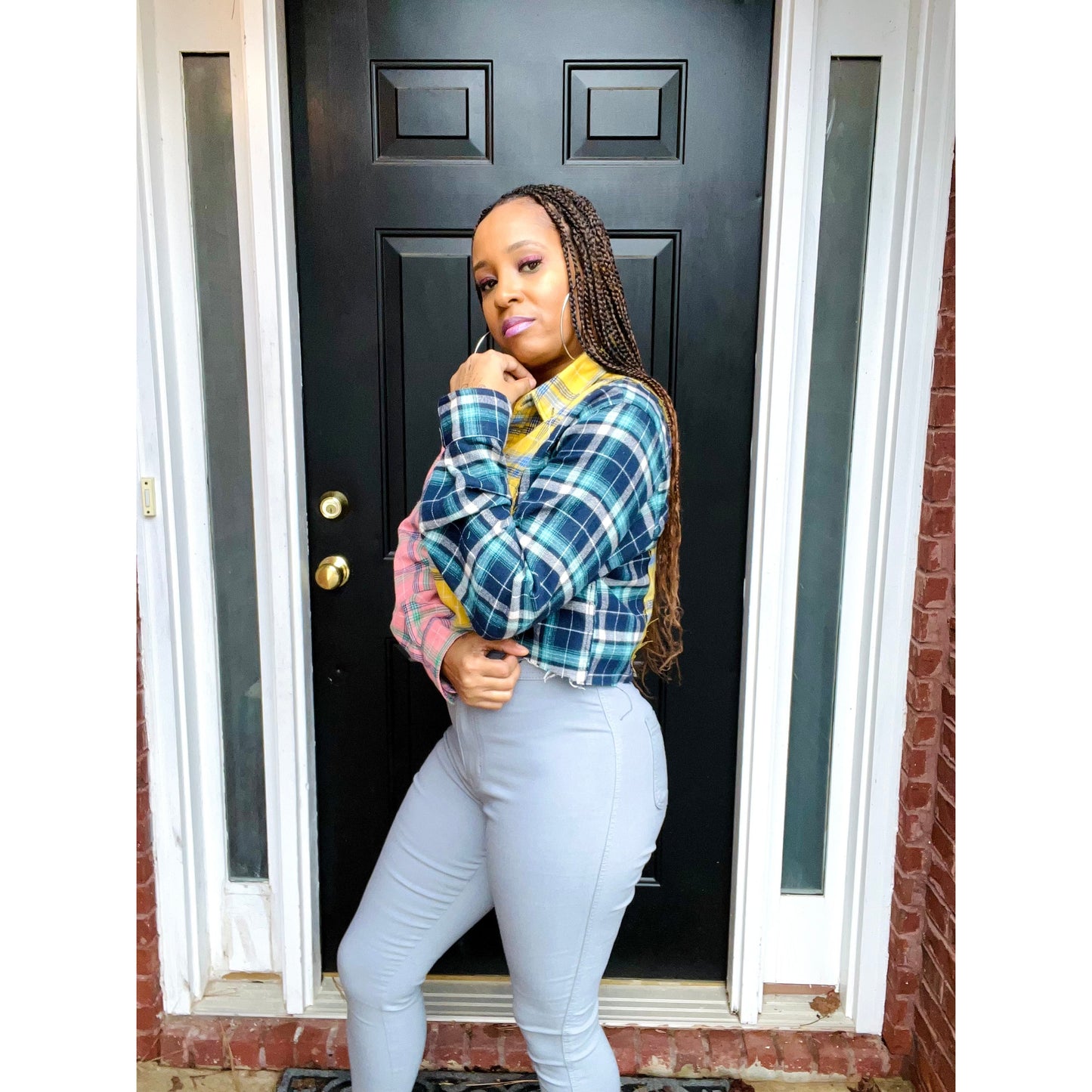 Multi color plaid front button long sleeve crop shirt