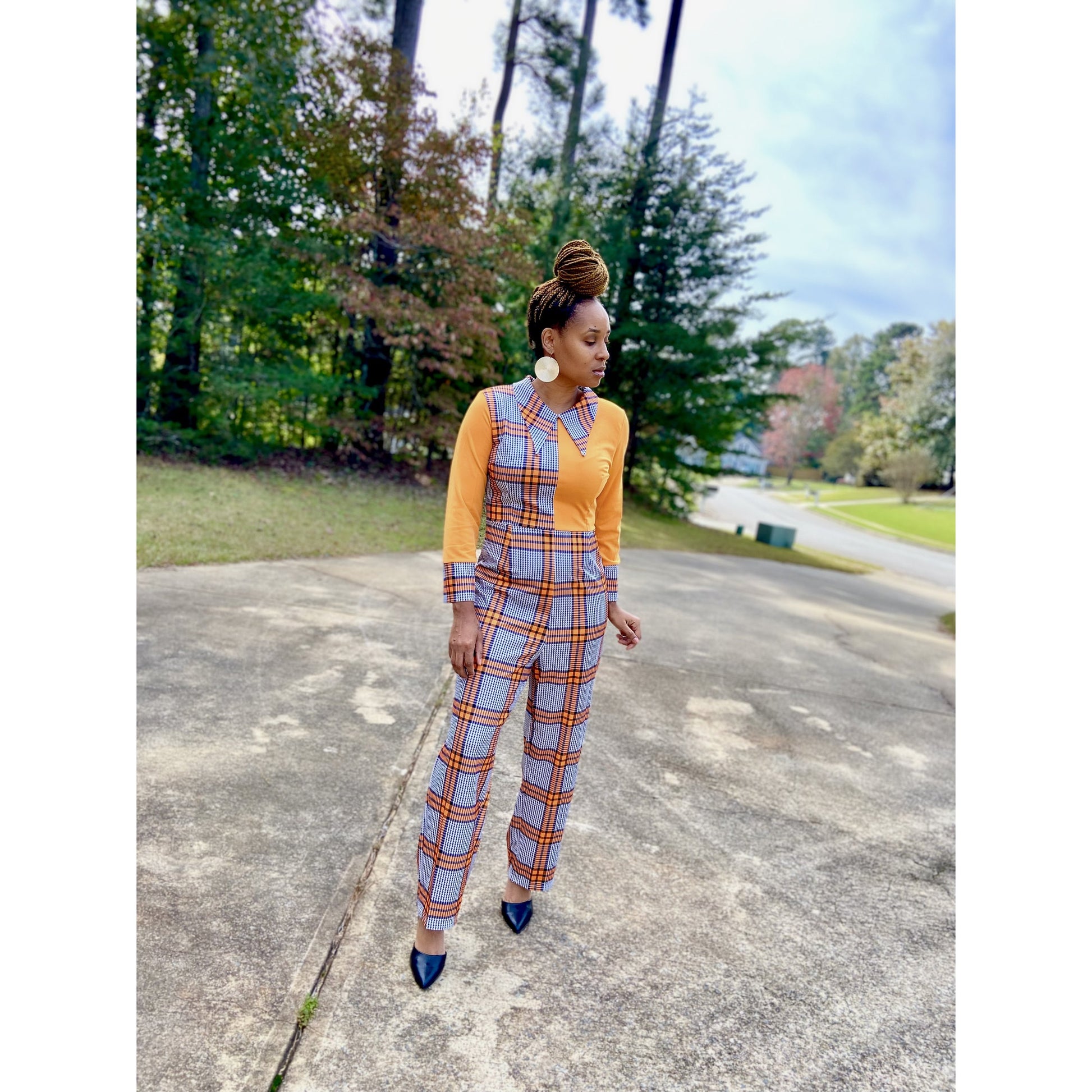 Plaid long sleeve pants jumpsuit in orange