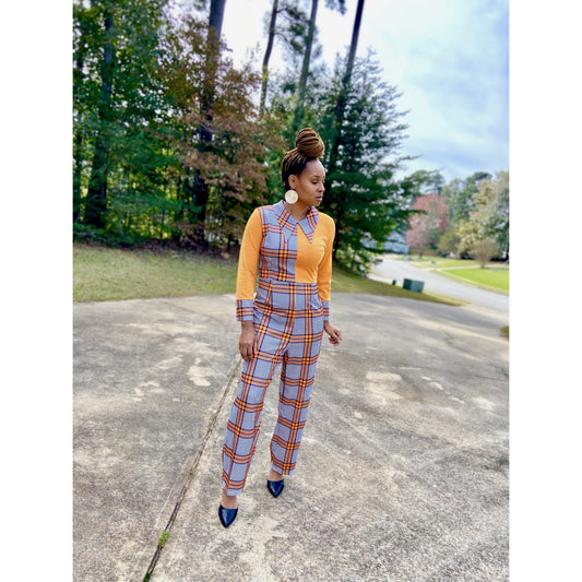 Plaid long sleeve pants jumpsuit in orange