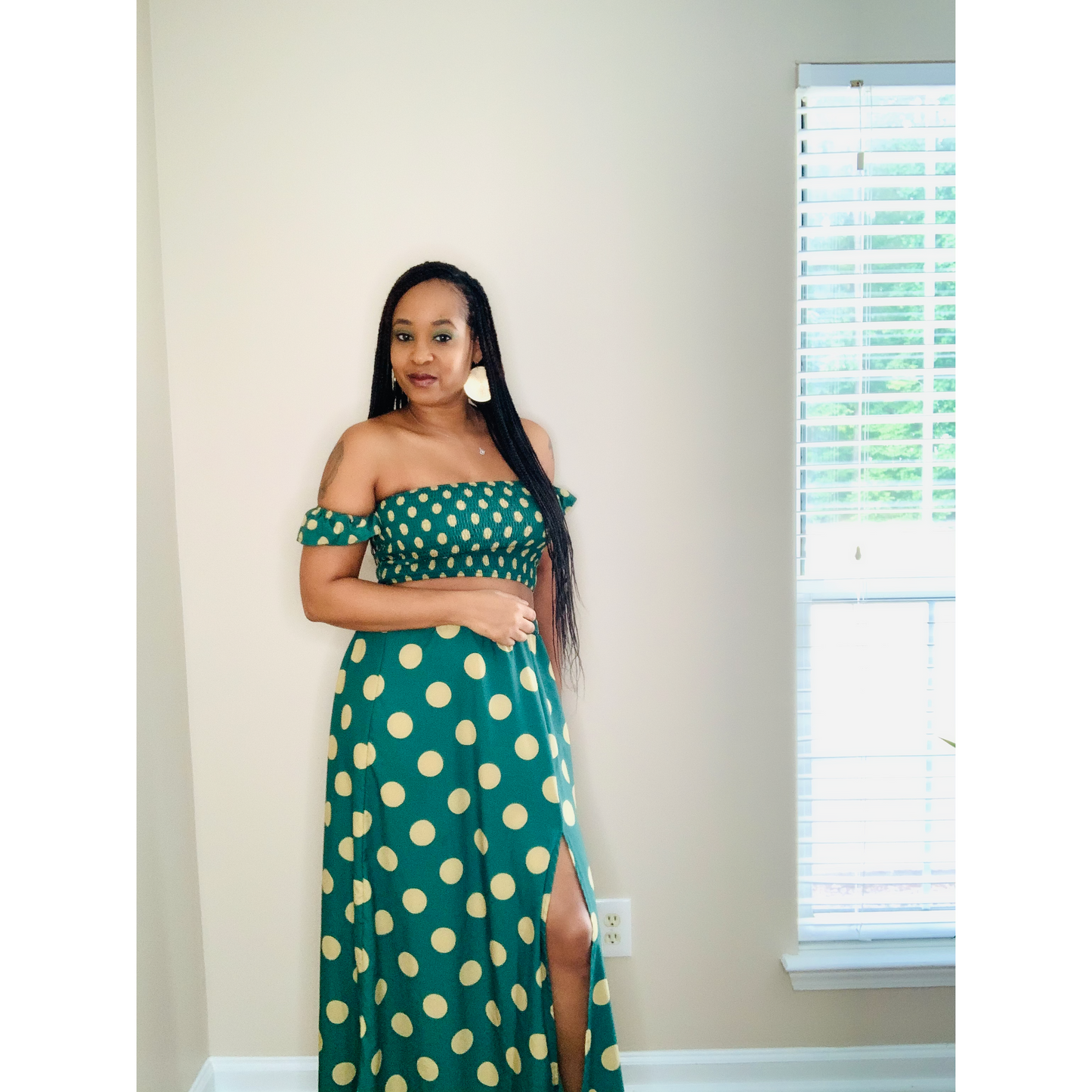 Green and gold  polka dot two piece maxi dress