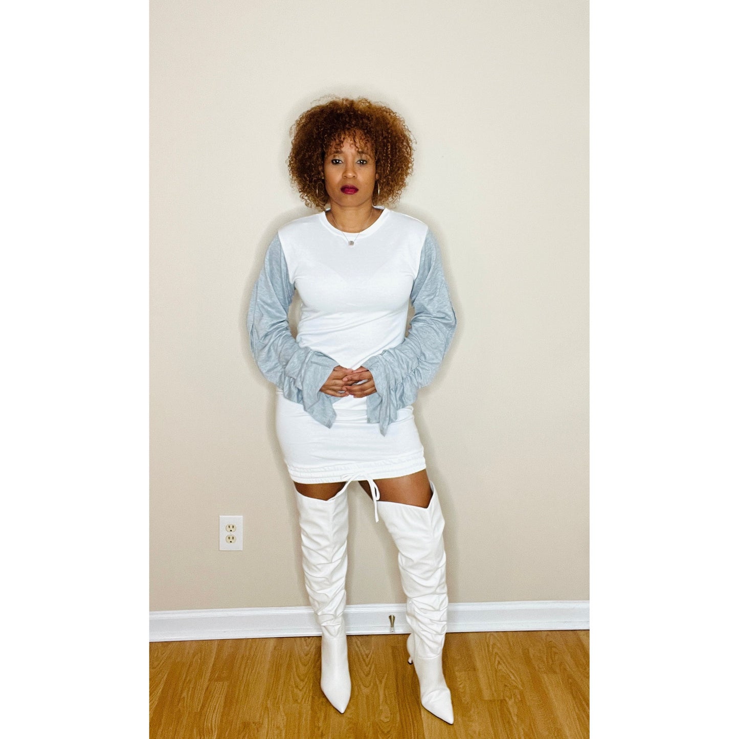 Shirring Sleeve Sweatshirt Dress in White and Grey