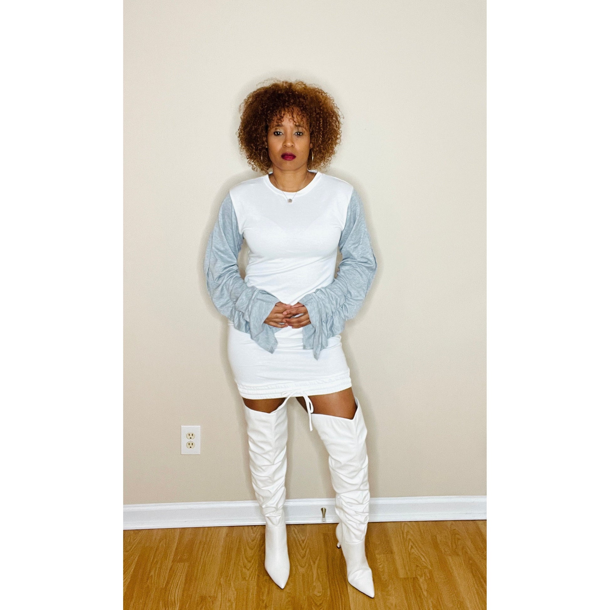 Shirring Sleeve Sweatshirt Dress in White and Grey