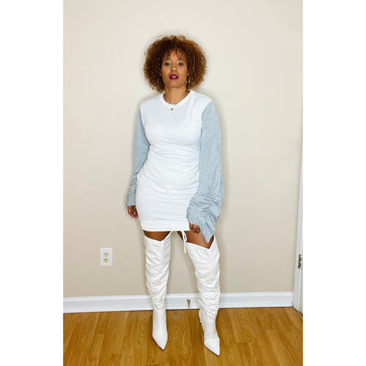 Shirring Sleeve Sweatshirt Dress in White and Grey
