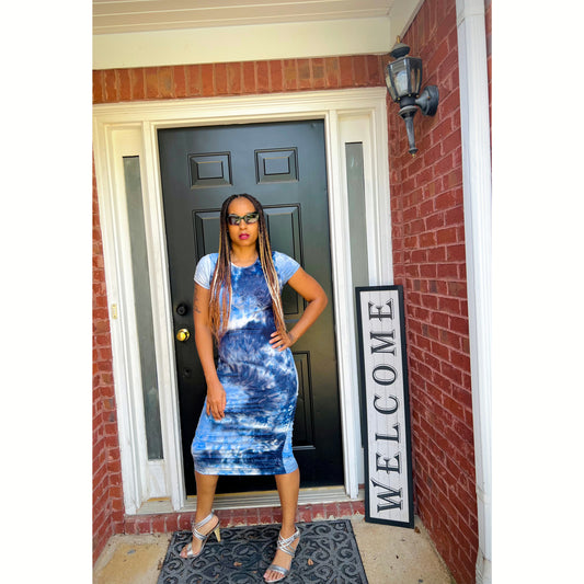 Tie Dye Side Ruched Midi Dress in Navy