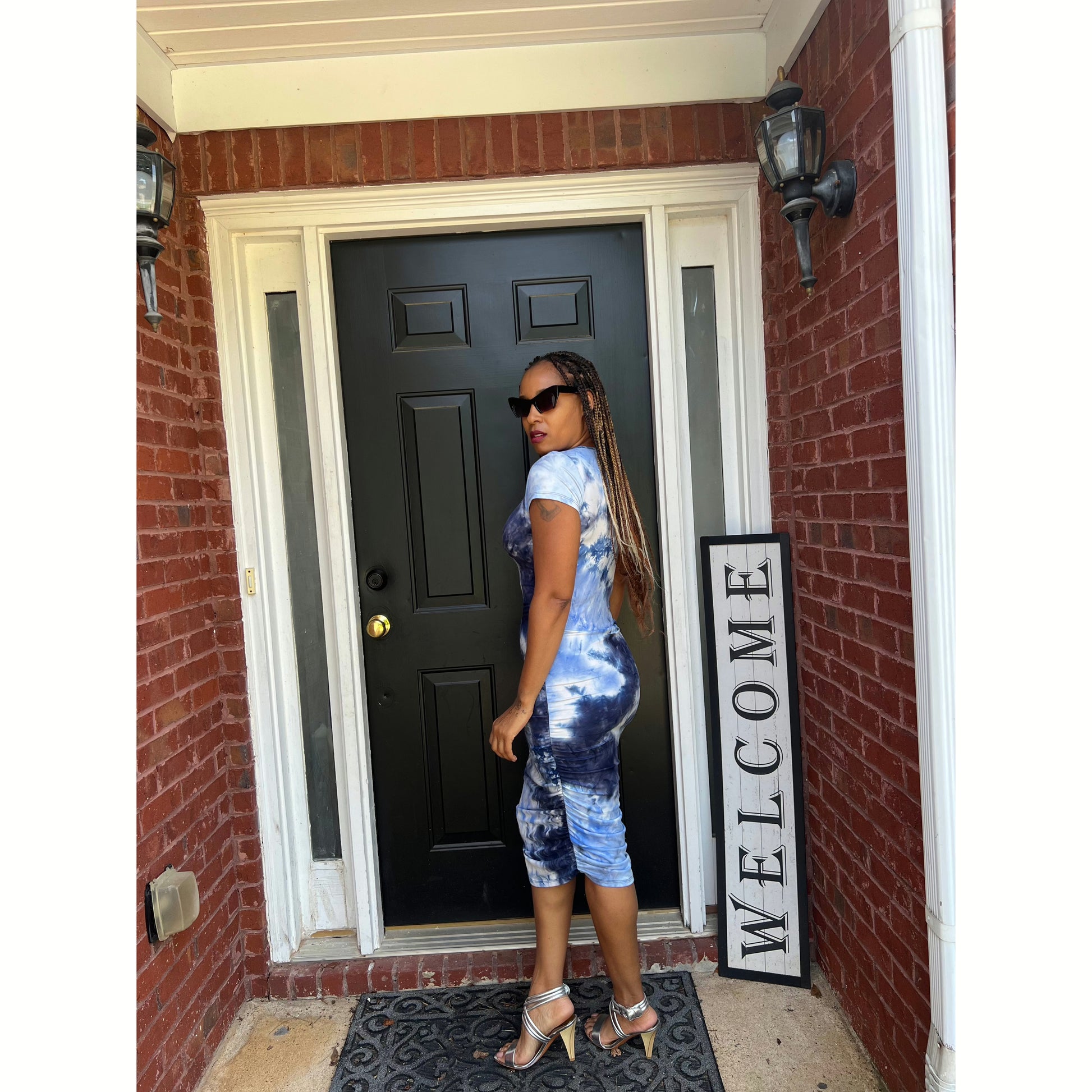 Tie Dye Side Ruched Midi Dress in Navy