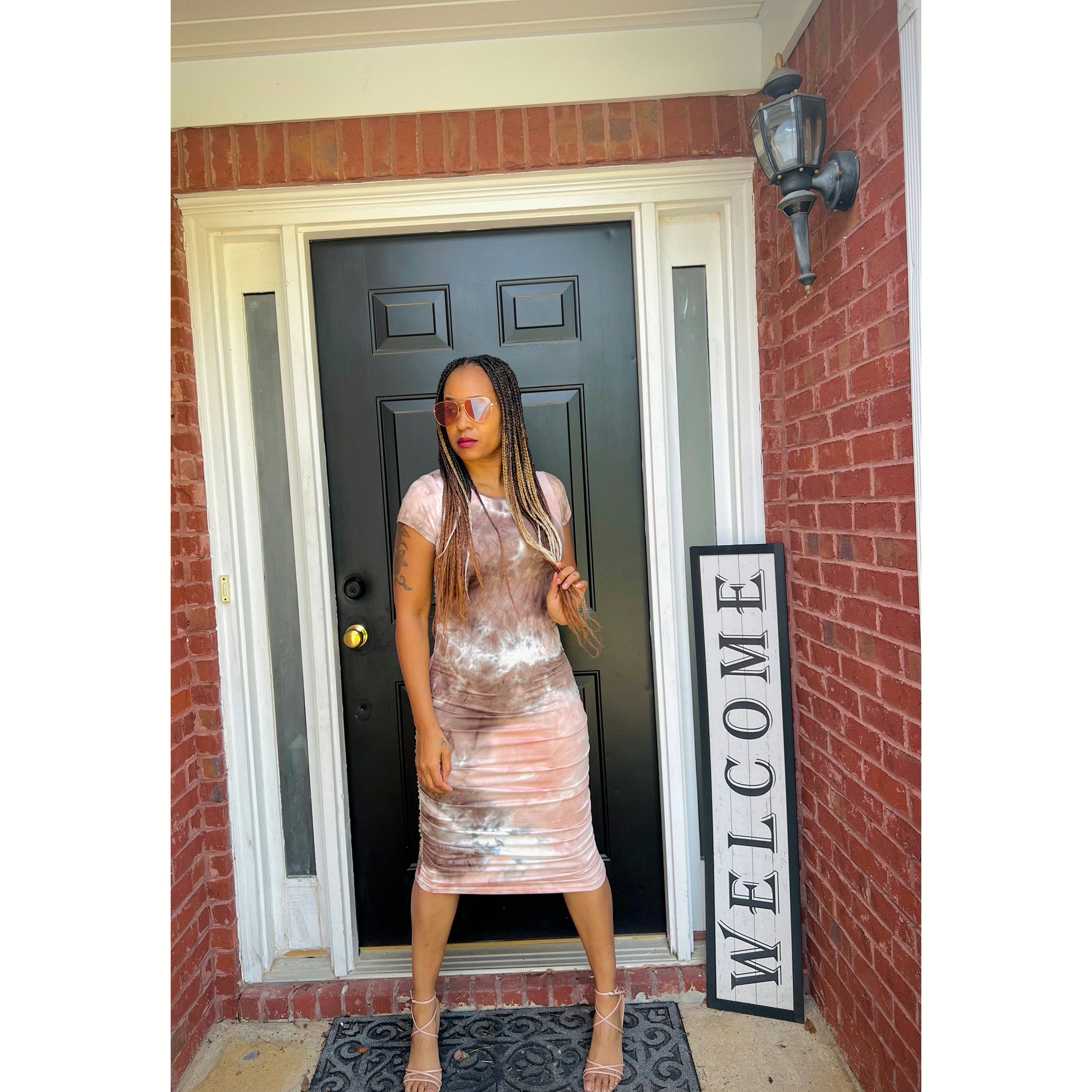 Tie Dye Side Ruched Midi Dress in Pink