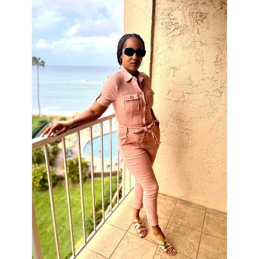 Skinny Leg Button Down Jumpsuit in Pink