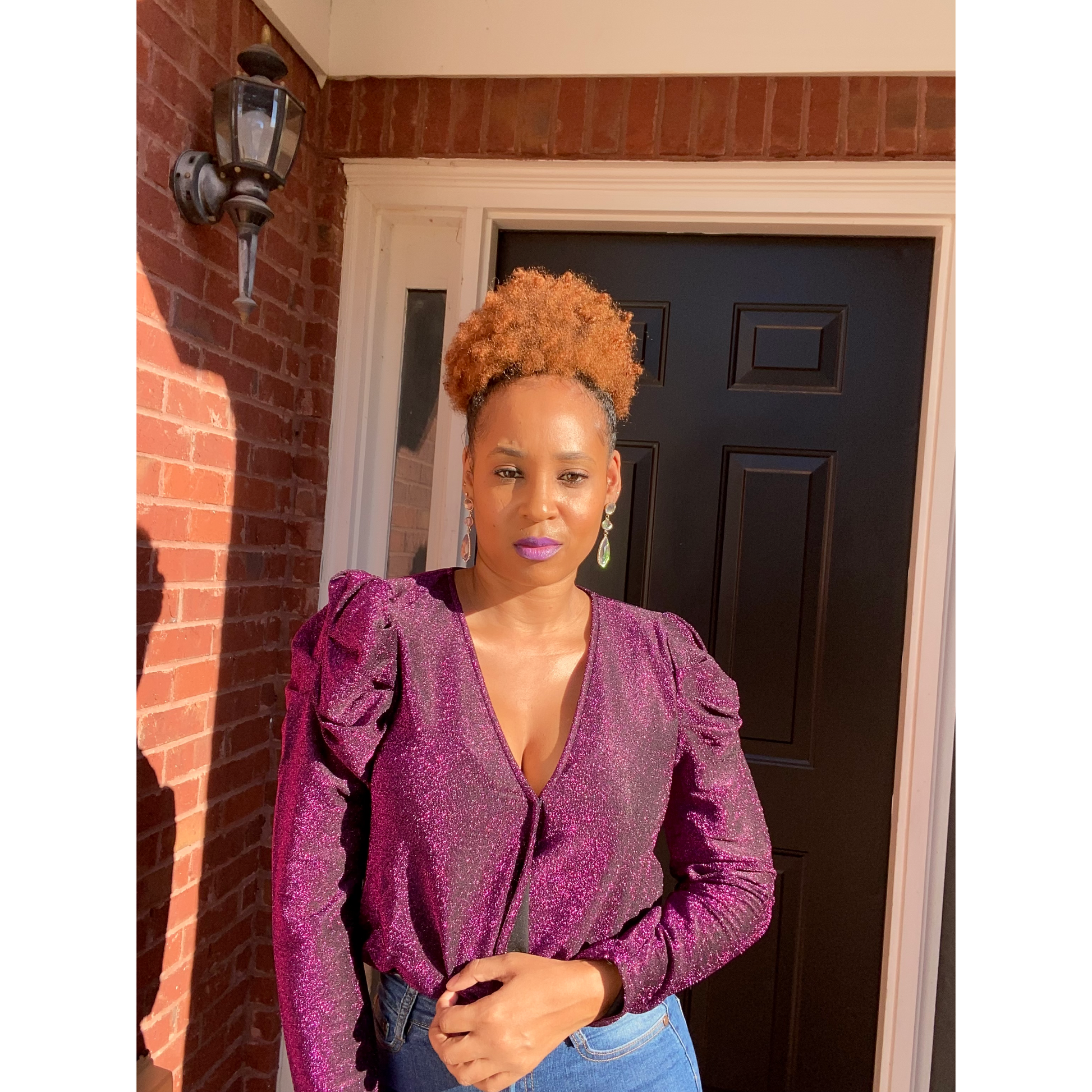 Surplice Long Puff Sleeve Lurex Bodysuit in purple