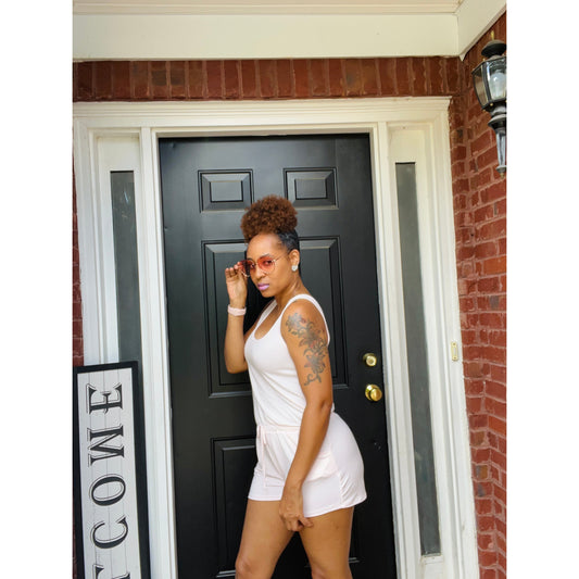 Tank shorts romper in brandy pink, great for vacation women over 40