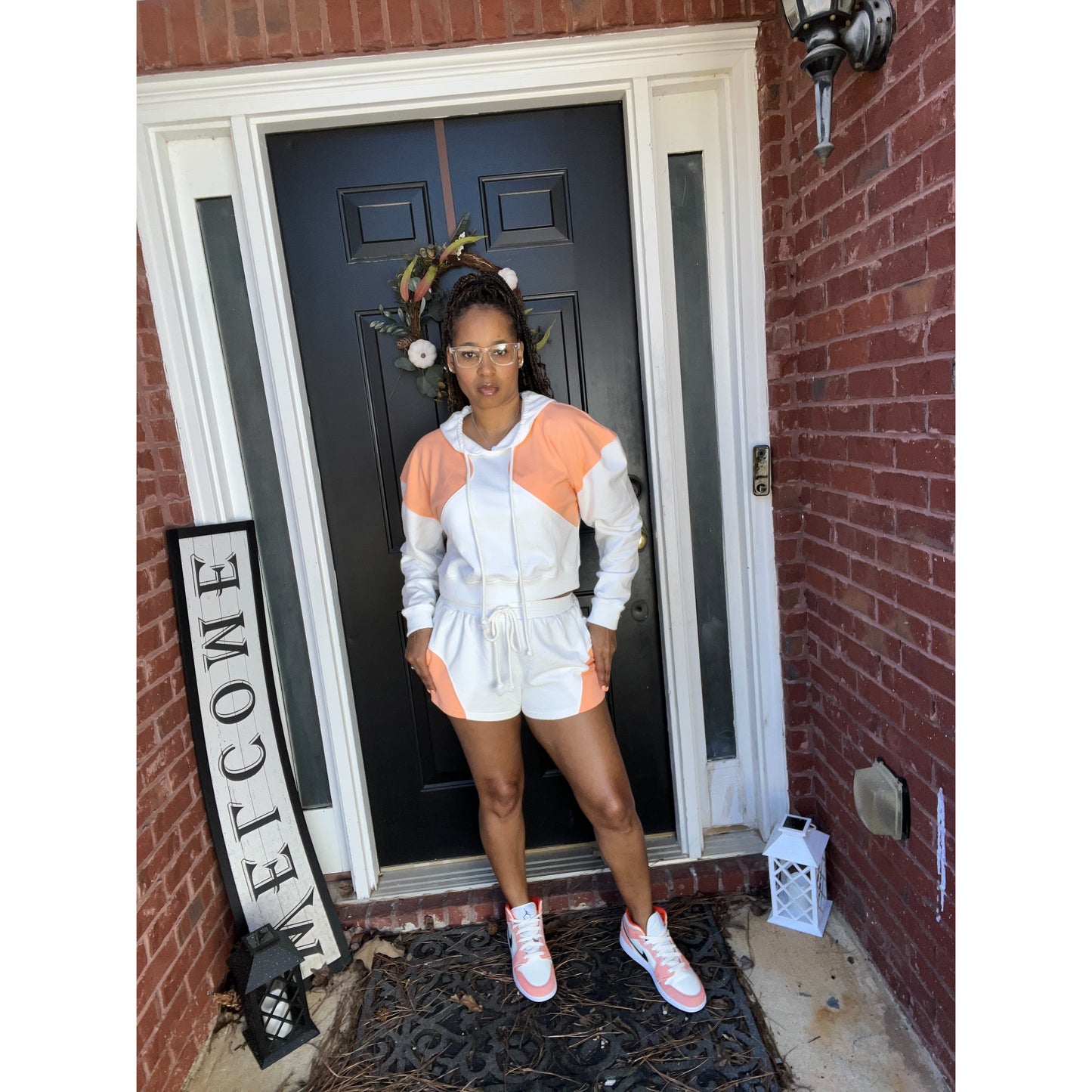 Two Tone short set with hoodie and shorts in white and orange