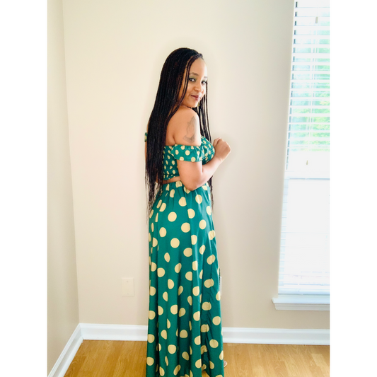 Green and gold  polka dot two piece maxi dress