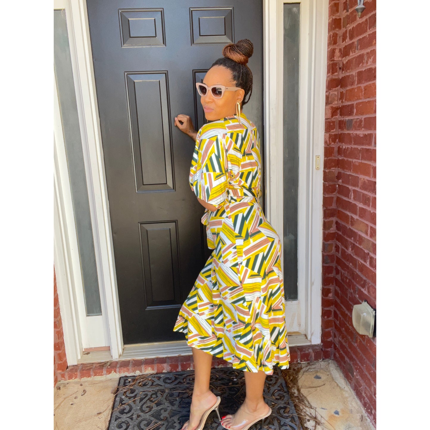 Yellow and Green V-neck Tie Front Midi Dress