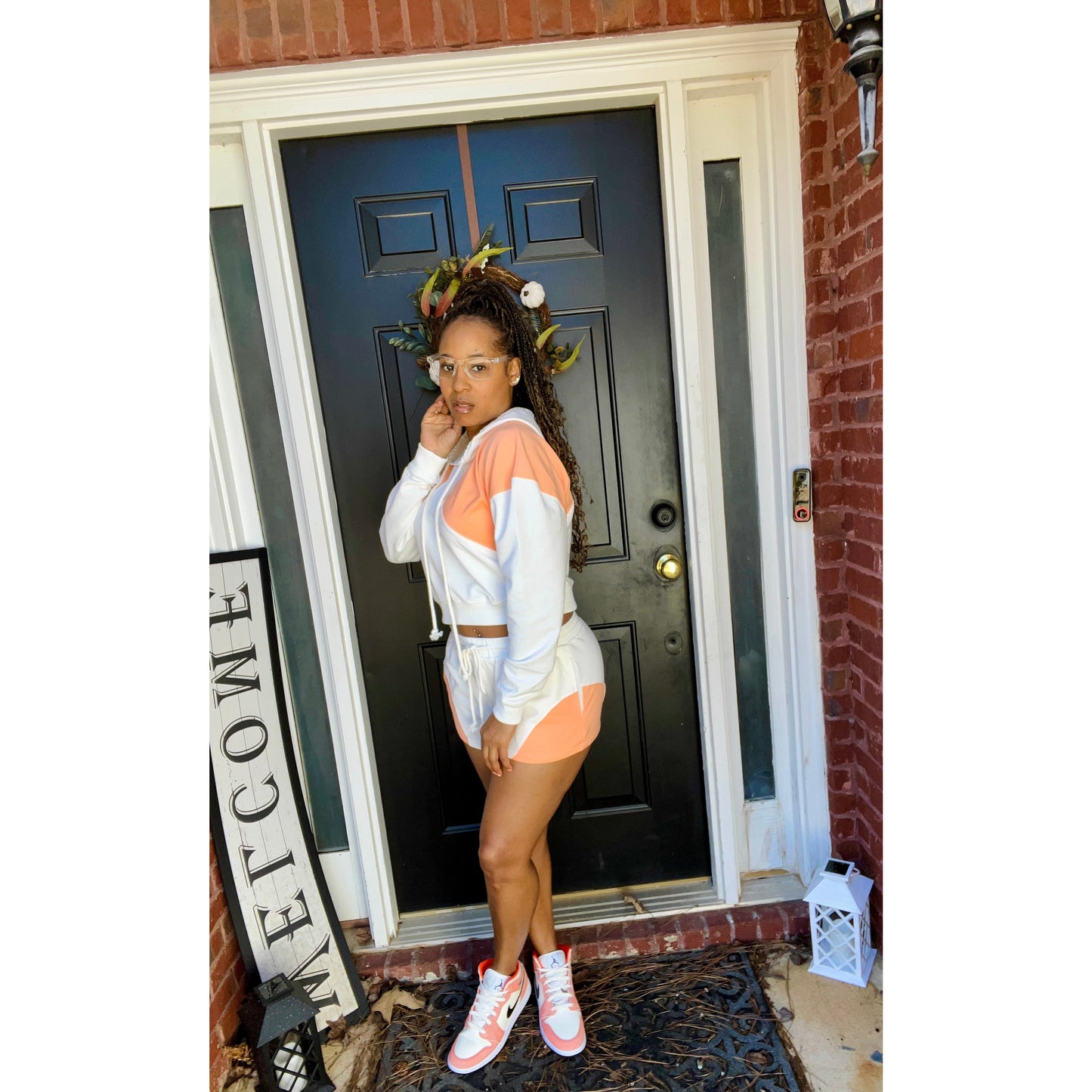 Two Tone short set with hoodie and shorts in white and orange