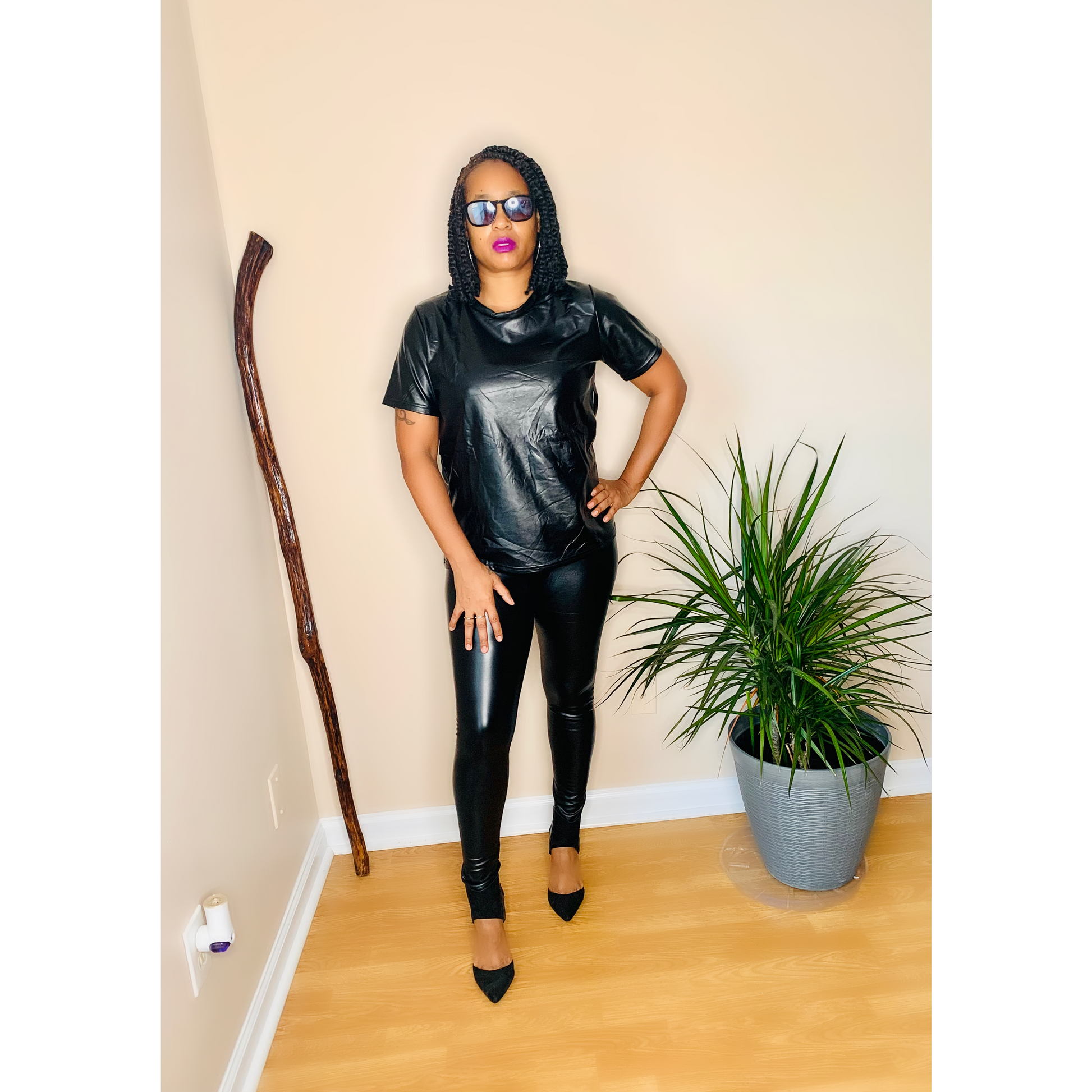 Pleather Black Short Sleeve Legging Set