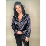 Silky two piece button up pajama set in black