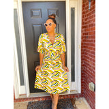 Yellow and Green V-neck Tie Front Midi Dress